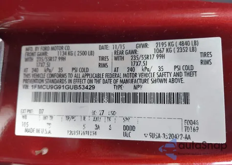 2016 Ford Escape Se из США, поврежденный, VIN 1FMCU9G91GUB53429